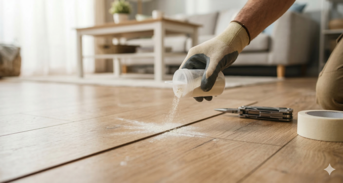 skrzypiące panele jak naprawić, wyciszanie paneli domowym sposobem, talk na podłogę, smar silikonowy do paneli, dylatacja paneli podłogowych